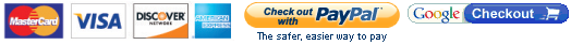 Master Card, Visa, Amex, Discover, Paypal & Google Checkout