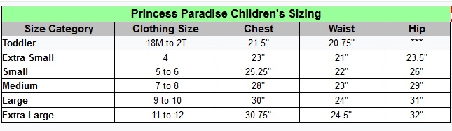 Princess Paradise Size Chart